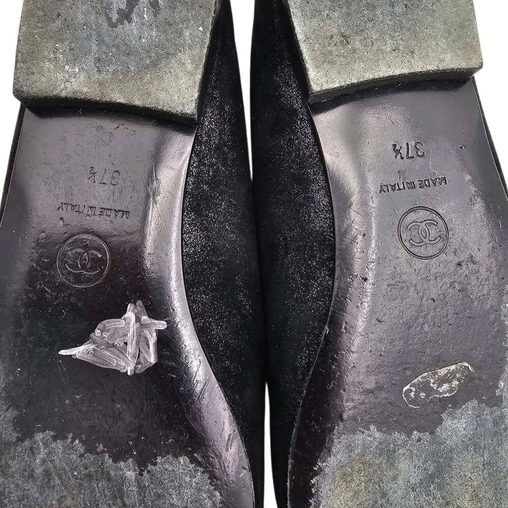 Chanel CC Cap Toe Ballet Ballerina Flat Slipper Black Suede Size 37.5 US 6.5 7 - Picture 10 of 11
